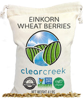 CLEAR CREEK frente del paquete de einkorn de 4 lb mostrando peso y marca
