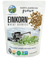 CLEAR CREEK vista frontal del empaque de einkorn de 1 lb con certificaciones visibles