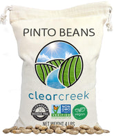 Clear Creek empaque frontal de frijoles pintos mostrando certificaciones y cantidad