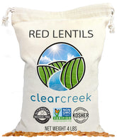 CLEAR CREEK empaque frontal de lentejas rojas, visiblemente sellado y claro