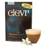 Clevr envase frontal del Sleeptime Latte mostrando la marca y diseño relajante