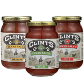Clint's frasco frontal del pack sampler mostrando tres sabores y atractivo visual