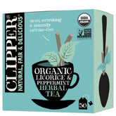 Clipper Tea frente del empaque mostrando la mezcla orgánica y beneficios