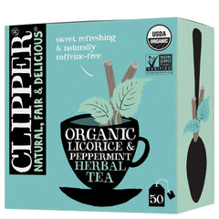Clipper Tea frente del empaque mostrando la mezcla orgánica y beneficios