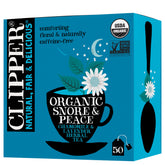 Clipper Tea caja frontal mostrando 50 bolsitas y beneficio relajante