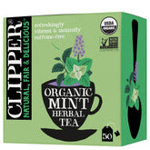 Clipper Tea caja frontal de 50 bolsitas mostrando diseño y cantidad, ideal para consumo diario