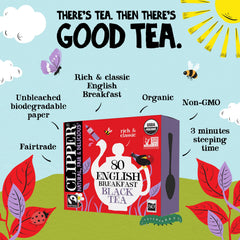 Clipper Tea hojas de té a granel destacando mezcla Assam y Ceylon