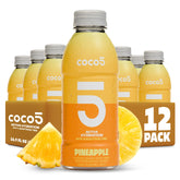 Coco5 botella frontal del pack 12 mostrando diseño tropical y beneficios