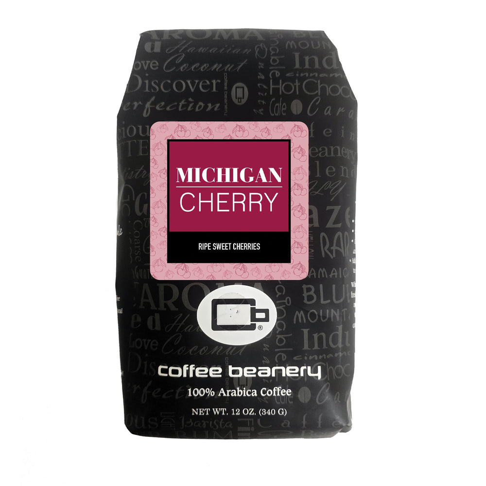 Coffee Beanery paquete frontal Michigan Cherry mostrando diseño y beneficio informativo