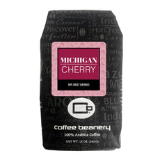 Coffee Beanery paquete frontal Michigan Cherry mostrando diseño y beneficio informativo