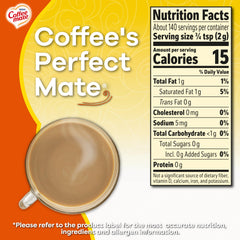 Coffee‑Mate lata junto a una regla para comparar tamaño y porciones disponibles