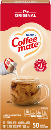 Coffee mate caja frontal mostrando 50 unidades y conveniencia