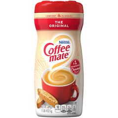 Coffee Mate envase 16oz en mano indicando porciones y conveniencia
