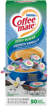 Coffee Mate caja frontal mostrando 50 porciones, conveniencia inmediata