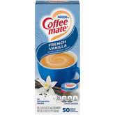 Coffee Mate vista frontal del empaque con 50 mini vasos, solución práctica