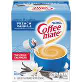 Coffee-mate frente del empaque mostrando 4 cajas y marca, transporte fácil