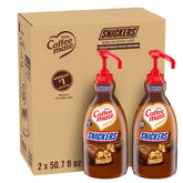 Coffee mate vista frontal de botella Snickers mostrando etiqueta y volumen