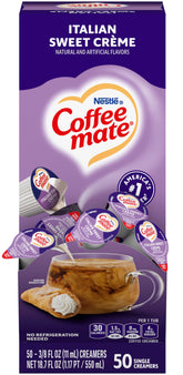 Coffee-mate vista frontal de la caja muestra pack de 50 monodosis y conveniencia