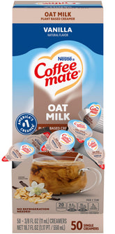 Coffee-mate caja frontal mostrando 50 porciones, conveniencia instantánea