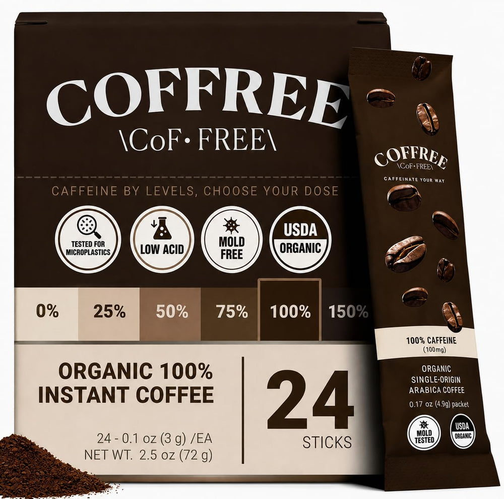 COFFREE sobre frontal mostrando etiqueta orgánica y beneficio de conveniencia
