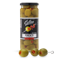Collins Chicago frasco frontal mostrando aceitunas gigantes, atractivas para martinis
