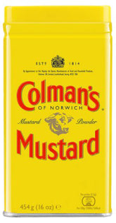 Colman's envase frontal amarillo y rojo mostrando la marca y contenido