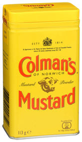 Colman's mostaza en polvo frontal con etiqueta clara y ventaja de sabor intenso