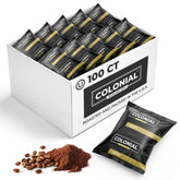 Colonial Coffee empaque frontal mostrando 100 frac packs y beneficio de conveniencia