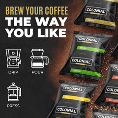 COLONIAL INTERNATIONAL COFFEE primer plano del café molido mostrando textura y calidad