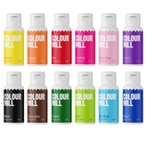 Colour Mill pack frontal mostrando los 12 frascos con colores vibrantes y lista para hornear