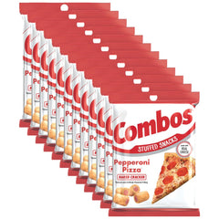 COMBOS vista frontal del empaque mostrando 12 bolsas y diseño de pizza