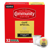 Community Coffee caja frontal de 32 cápsulas mostrando presentación y conveniencia