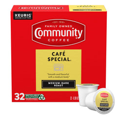 Community Coffee caja frontal de 32 cápsulas mostrando presentación y conveniencia