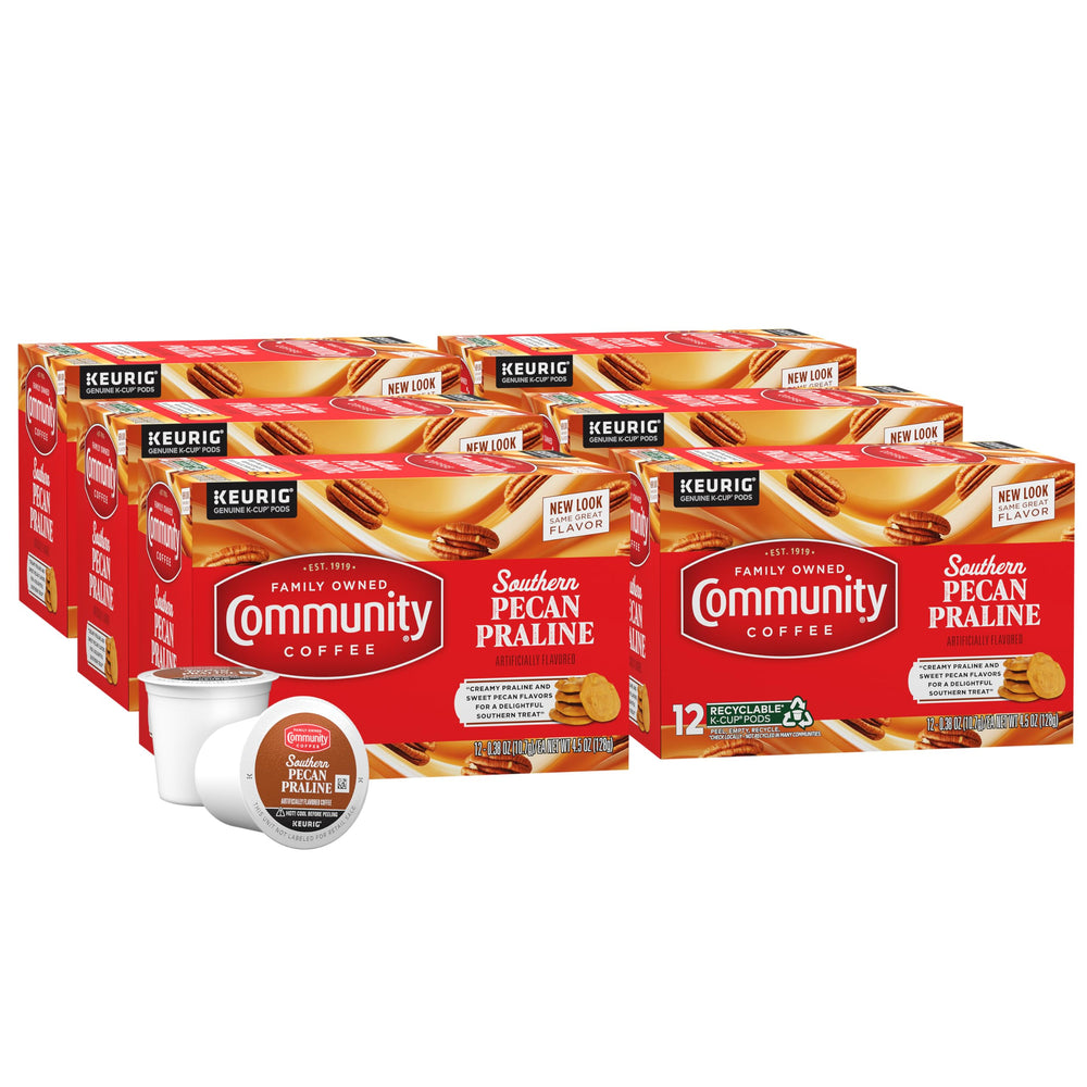 Community Coffee caja frontal mostrando 72 cápsulas y sabor praliné