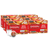 Community Coffee caja frontal mostrando 72 cápsulas y sabor praliné