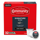 Community Coffee caja frontal mostrando 32 cápsulas y conveniencia de uso