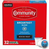 Community Coffee caja frontal con 32 cápsulas mostrando el diseño y beneficio conveniencia