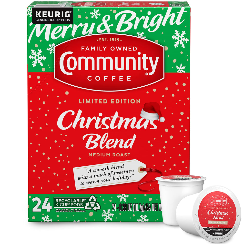 Community Coffee envase frontal mostrando diseño festivo y conveniencia