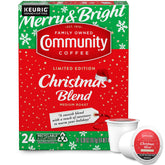Community Coffee envase frontal mostrando diseño festivo y conveniencia