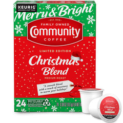 Community Coffee envase frontal mostrando diseño festivo y conveniencia