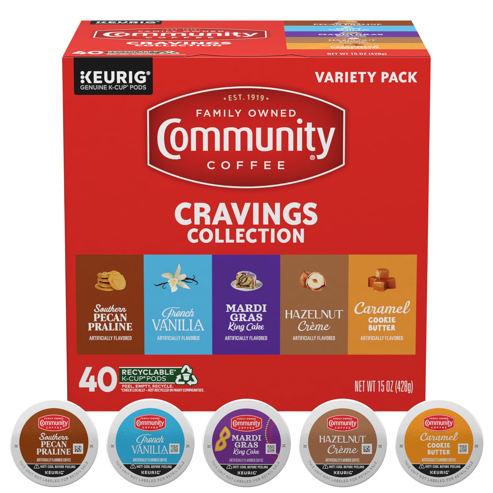 Community Coffee frontal del paquete Cravings Collection mostrando sabores