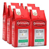 Community Coffee empaque frontal mostrando la bolsa y el sello de medio-cafeína