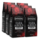 Community Coffee frente del empaque mostrando pack seis bolsas y beneficio conveniencia