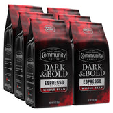 Community Coffee frente del empaque mostrando la bolsa y el sello de tueste oscuro, ideal para intensidad