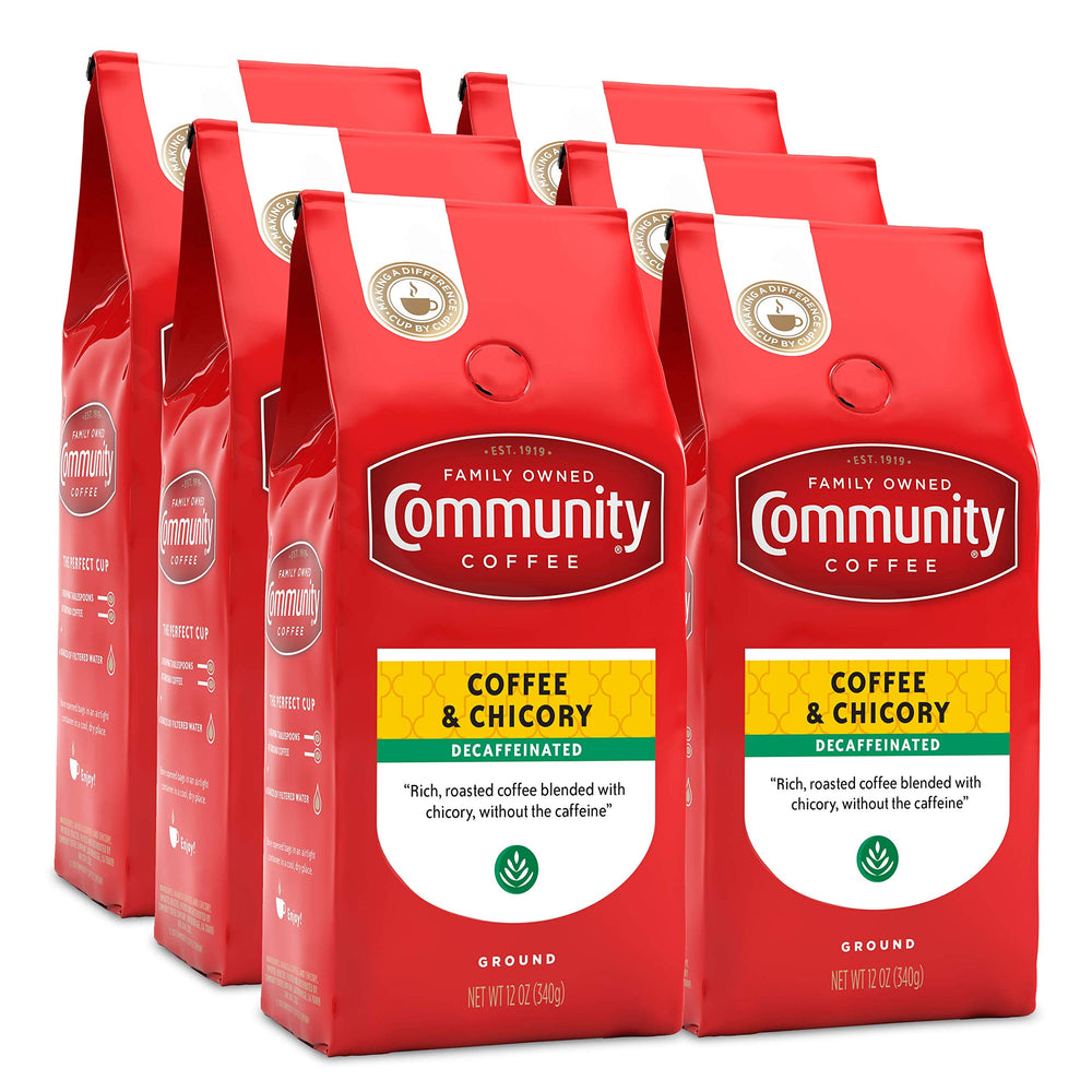 Community Coffee empaque frontal destacando mezcla descafeinada