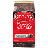 Community Coffee empaque frontal mostrando sabor lava cake y beneficios aromáticos