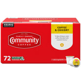 Community Coffee vista frontal del empaque mostrando 72 cápsulas y conveniencia
