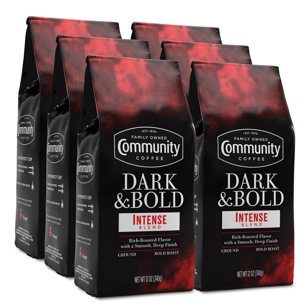 Community Coffee frente del paquete Dark & Bold muestra diseño y frescura