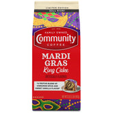 Community Coffee paquete frontal que muestra 32 onzas y sabor King Cake, ideal para regalo