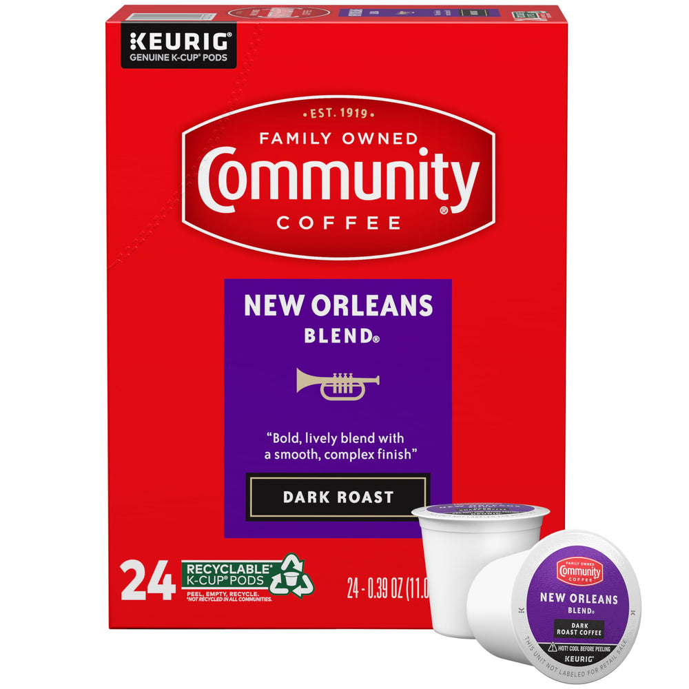 Community Coffee vista frontal del empaque con 24 cápsulas, conveniencia inmediata